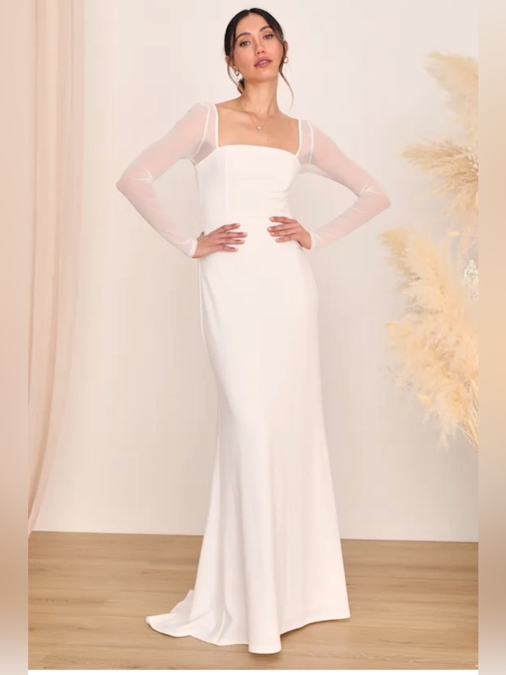 NWT Lulus White Sheer Mesh Long Sleeve Square Neck Wedding Dress size Medium